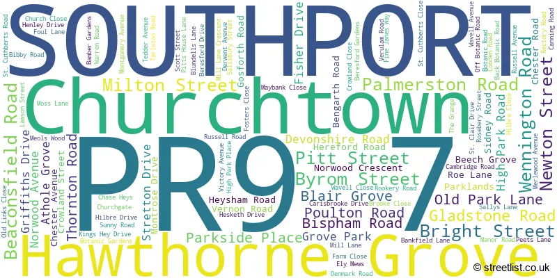 A word cloud for the PR9 7 postcode
